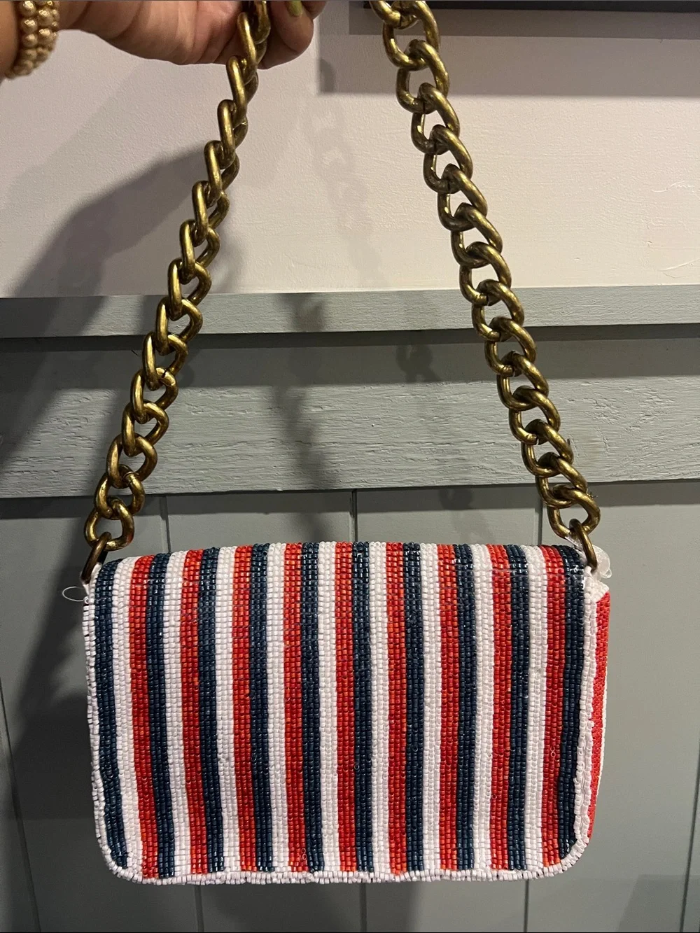 Striped Beaded Chain-Handle Shoulder Bag - Red, White & Blue